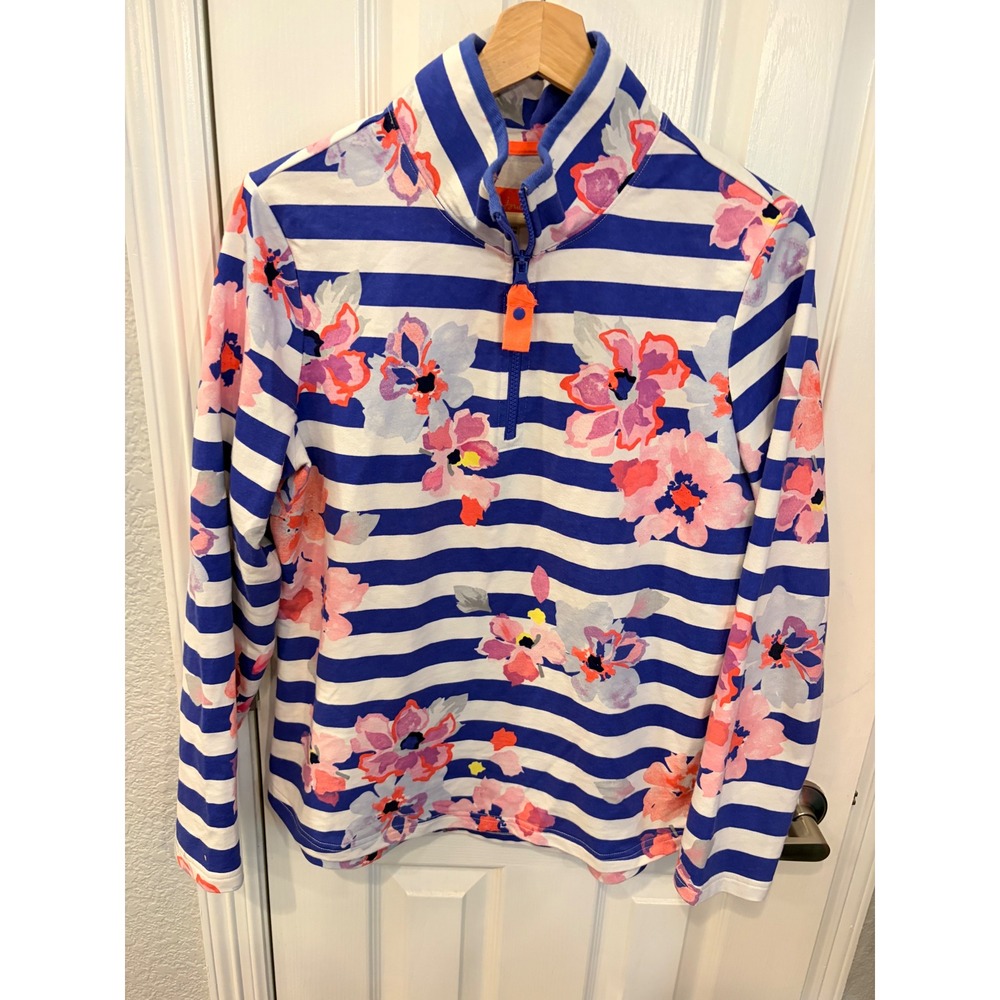 Joules Pullover Blue White Striped Floral Quarter Zip Long Sleeve Sweatshirt 10